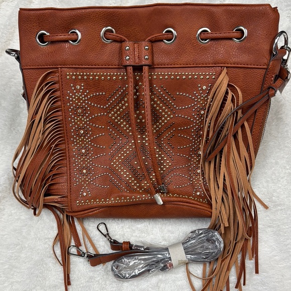 Handbags - Brown Leather western Fringe Shoulder Bag with Studded Design